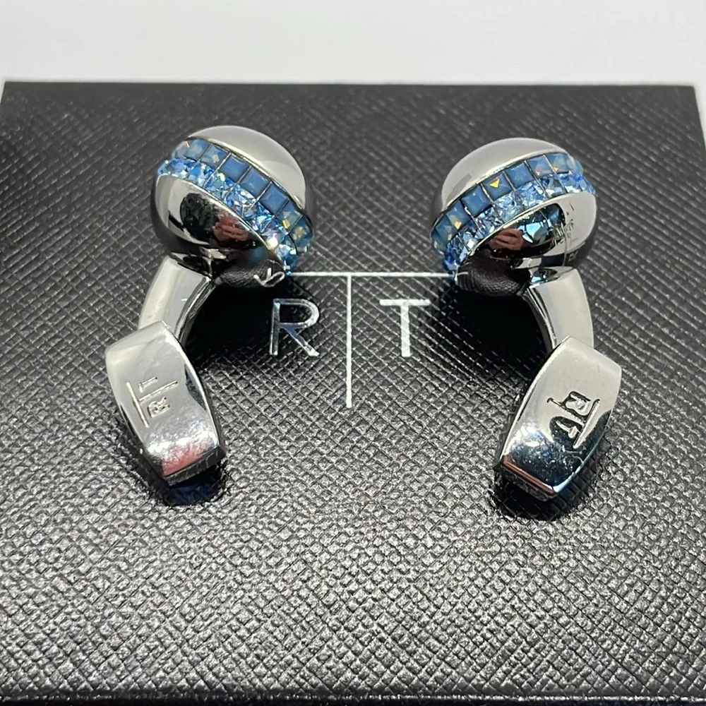 R|T by Robert Tateossian London Swarovski Blue Crystal Cufflinks Rhodium w Box
